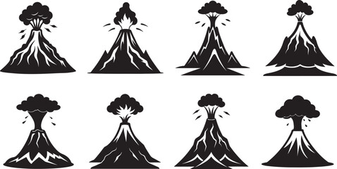 set of volcano eruption with lava silhouette, black and white silhouette, vector and illustration