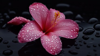 Dew-kissed hibiscus, dark background, spa, tranquility