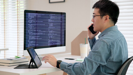 Smart AI cyber bot IT deep tech tools help write prompt python code web screen. Asia people asian...