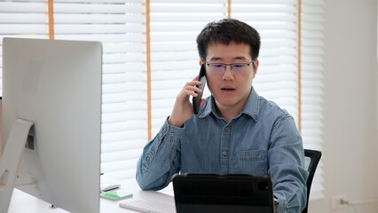 Asia busy people chinese deep tech talent expert man phone call talking working on IT big data...