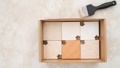 Box with sample tiles and paintbrush on marble surface