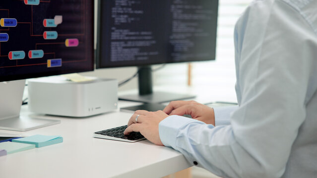 Smart AI cyber bot IT deep tech tools help write prompt python code web screen. Asia people asian man typing busy work predict big data mining center office upskill STEM expert skill job coder course.