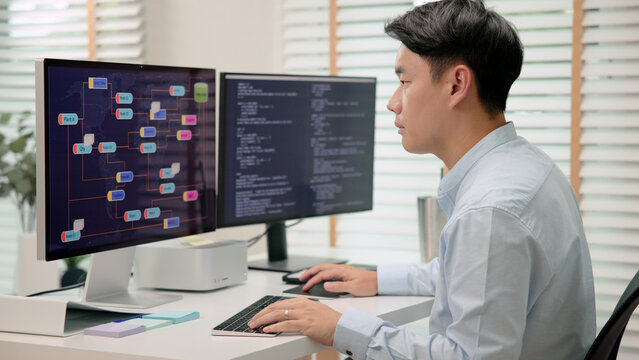 Smart AI cyber bot IT deep tech tools help write prompt python code web screen. Asia people asian man typing busy work predict big data mining center office upskill STEM expert skill job coder course.