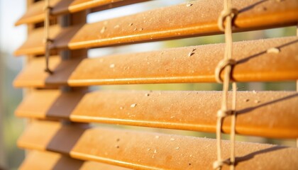 Wooden blinds illuminated by sunlight in a cozy interior  