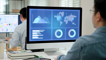 Asia people expert man tech talent working on project predict sales insight SEO graph chart AI smart plan visual big data science report center BI smart tools screen. Office worker asian analyst job.