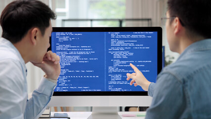 Smart AI cyber bot deep tech tools help write prompt code screen. Asia people asian man IT team...
