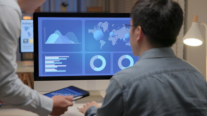 Asia people expert man tech talent team working on project predict sales insight SEO graph chart AI plan visual big data science report center BI smart tools screen. Office worker asian analyst job.