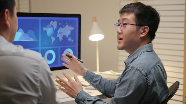 Asia people expert man tech talent team working on project predict sales insight SEO graph chart AI plan visual big data science report center BI smart tools screen. Office worker asian analyst job. - Powered by Adobe