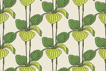 Botanical floral seamless pattern with plantain bushes vector illustration. Repeating plantain leaves and flowers plants in beige background. Graphic design for Fashion Wedding Textile Greeting Card