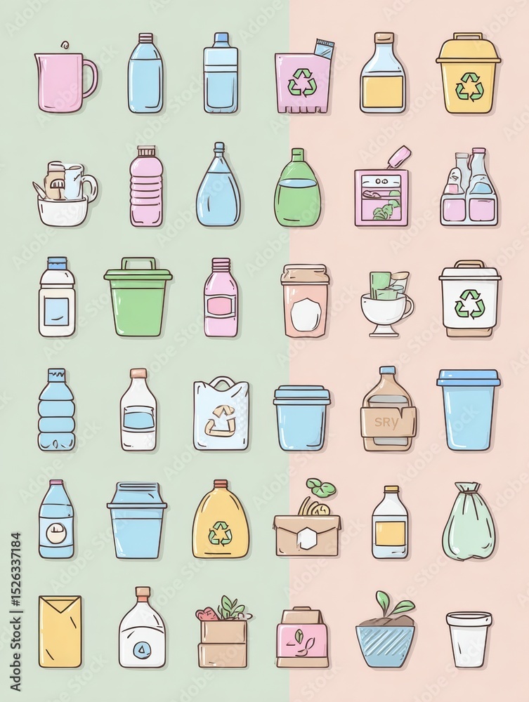 Aufkleber Daily Swaps to Reduce Plastic Use With Colorful Icons Showcasing Eco-Friendly Alternatives and Recycling Practices