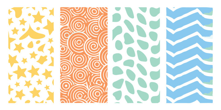 Colorful and playful seamless pattern designs in yellow orange teal and blue perfect for backgrounds and decorative elements.