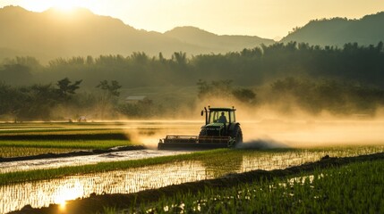 Fototapeta premium A farmer using a modern tractor to till the soil of a rice paddy, with mist rising from the damp fields and the sun casting a warm glow