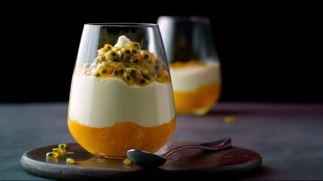 A delicious dessert with multiple layers of fresh fruits, presented in an elegant glass.