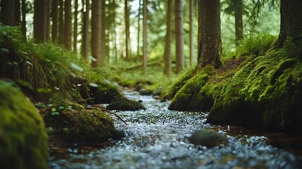 Obraz premium A serene woodland scene with a babbling brook flowing through it