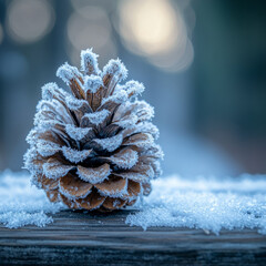 Close-up of a frosted pine cone on a wooden surface with snow.