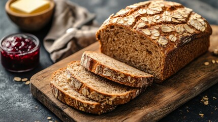 A freshly baked loaf of whole wheat bread, sliced into thick pieces and arranged on a wooden board with butter and jam nearby