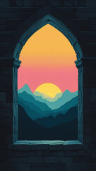 Serene Sunset View Through Ancient Stone Arch Window