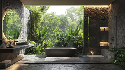 serene tropical bathroom featuring stone walls, lush greenery, and modern design elements