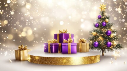 Festive Gifts on Gold Podium, Sparkling Background, Christmas Tree