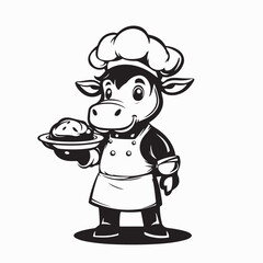 Cute Cow Chef Serving Food Image Vector isolated on white background