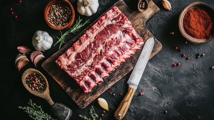 A fresh slab of beef ribs placed on a butcher block with a knife beside it, surrounded by spices, garlic, and a wooden spoon