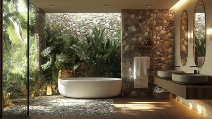 Fototapeta premium serene tropical bathroom featuring stone walls, lush greenery, and modern fixtures