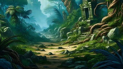 Jungle Ruins Ancient Temple Path overgrown stones plants trees