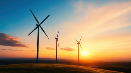 Obraz premium Three tall wind turbines silhouette against a breathtaking sunset, symbolizing sustainable energy and the beauty of nature's power, creating a harmonious balance in the landscape.