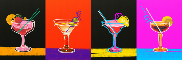 Abstract art design. Collage. Four vibrant cocktails with garnishes and straws against black and vibrant colored backgrounds in columns. Concept of pop drink art, party, celebration. .