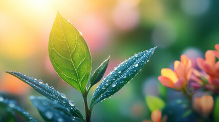 Close-up of dewy leaf with vibrant flowers in soft sunlight.
