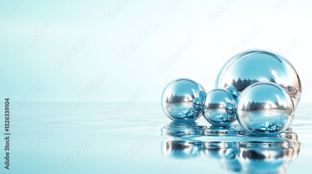 Poster multiple reflective blue spheres rest on a calm water surface, creating a harmonious balance of shap