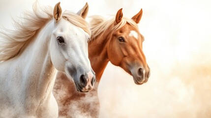 Obraz premium Two majestic horses stand close together, exuding grace and strength, bathed in a soft, dreamy light that enhances their beauty and evokes a sense of freedom.
