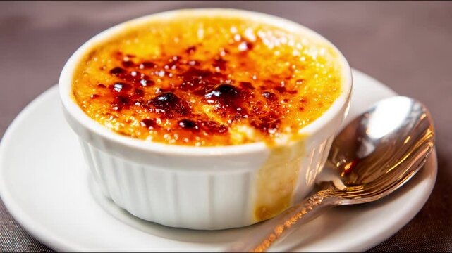 A close-up shot of a single serving of cr&egrave;me br&ucirc;l&eacute;e in a white ramekin with a spoon beside it.