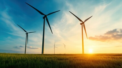 Fototapeta premium Wind turbines stand tall against a breathtaking sunset, symbolizing renewable energy and sustainability, beautifully capturing the harmony between technology and nature.