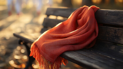 Obraz premium Orange scarf on a park bench in autumn sunlight.