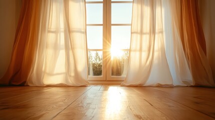 A serene view of sunlight streaming through sheer curtains, casting gentle patterns on the wooden floor, creating a peaceful, inviting atmosphere in the room.