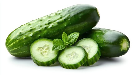 An array of fresh cucumbers accompanied by mint and sliced sections, highlighting the natural freshness and healthiness of these crisp vegetables in a vibrant layout.
