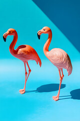 Obraz premium Two flamingo toys one standing and another running on nice sunny day with sunny shadows. Bright optimistic orange bottom and marina blue and light sky blue background. Creative copy space.