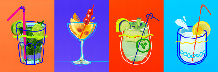 Abstract art design. Collage. Four different cocktails with various fruits and straws in glasses against vibrant colored backgrounds. Concept of tropical mixology, party time.