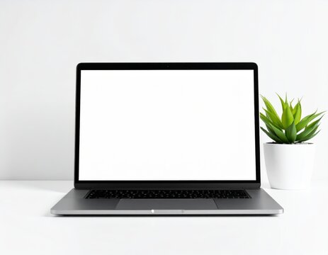 Minimalist workspace featuring a laptop with a blank screen and a succulent plant