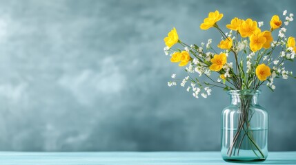 A stunning arrangement of vibrant yellow flowers in a clear glass jar, set against a soft, blurred background, conveying a fresh and cheerful atmosphere.