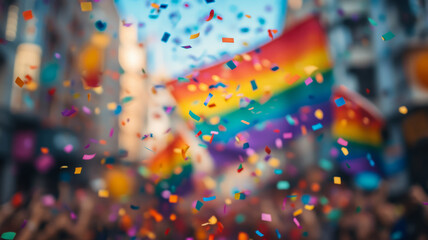 Colourful confetti and rainbow flags at a diversity celebration.