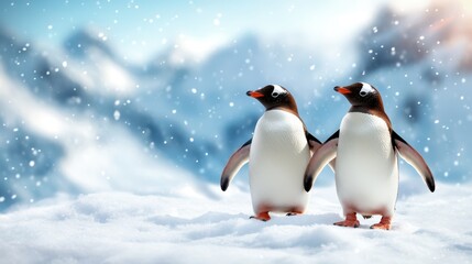 Fototapeta premium A heartwarming scene of two penguins standing on a snowy landscape, illustrating their bond against a backdrop of icy mountains and falling snowflakes, celebrating companionship.