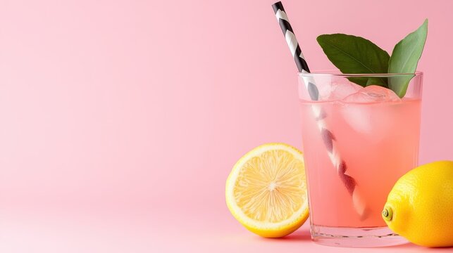 A refreshing glass of pink lemonade garnished with fresh lemon slices and leaves, set against a soft pink backdrop, perfect for summer gatherings and brightening any occasion. - Powered by Adobe
