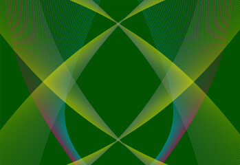Symmetrical curved lines in yellow, blue and red on a green background, creating a dynamic and harmonious visual effect