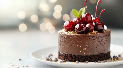 This enticing chocolate cheesecake features a rich layer of smooth chocolate, topped with fresh cherries and a hint of gold leaf for a luxurious finish that delights the senses.
