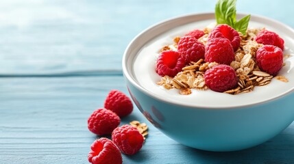 A refreshing yogurt bowl filled with vibrant raspberries and crunchy granola, perfect for a nutritious breakfast or snack showcasing a blend of flavors and textures.