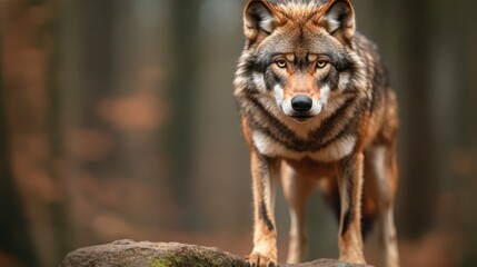 A close-up shot of a majestic wolf standing confidently amidst a forest backdrop, showcasing its piercing gaze and powerful presence within its natural habitat.