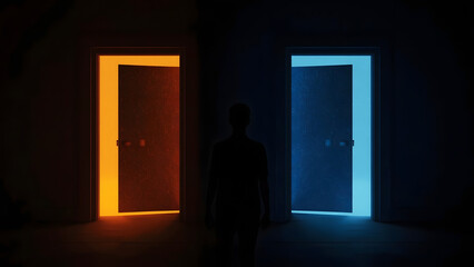 Fototapeta premium Person standing in front of two doors, choosing blue or red