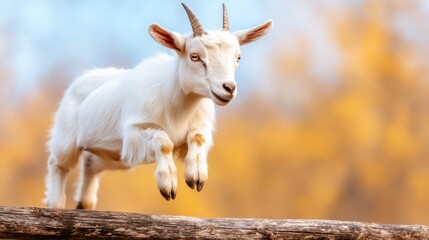 A lively white goat leaps joyfully in a picturesque outdoor setting, capturing the playful spirit of animals in their natural habitat and evoking feelings of freedom and joy.